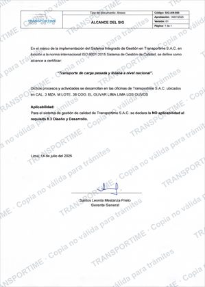 Alcance del SIG de TRANSPORTIME firmado, documento SIG-AN-000