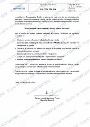 Política del SIG de TRANSPORTIME firmada, documento SIG-AN-001